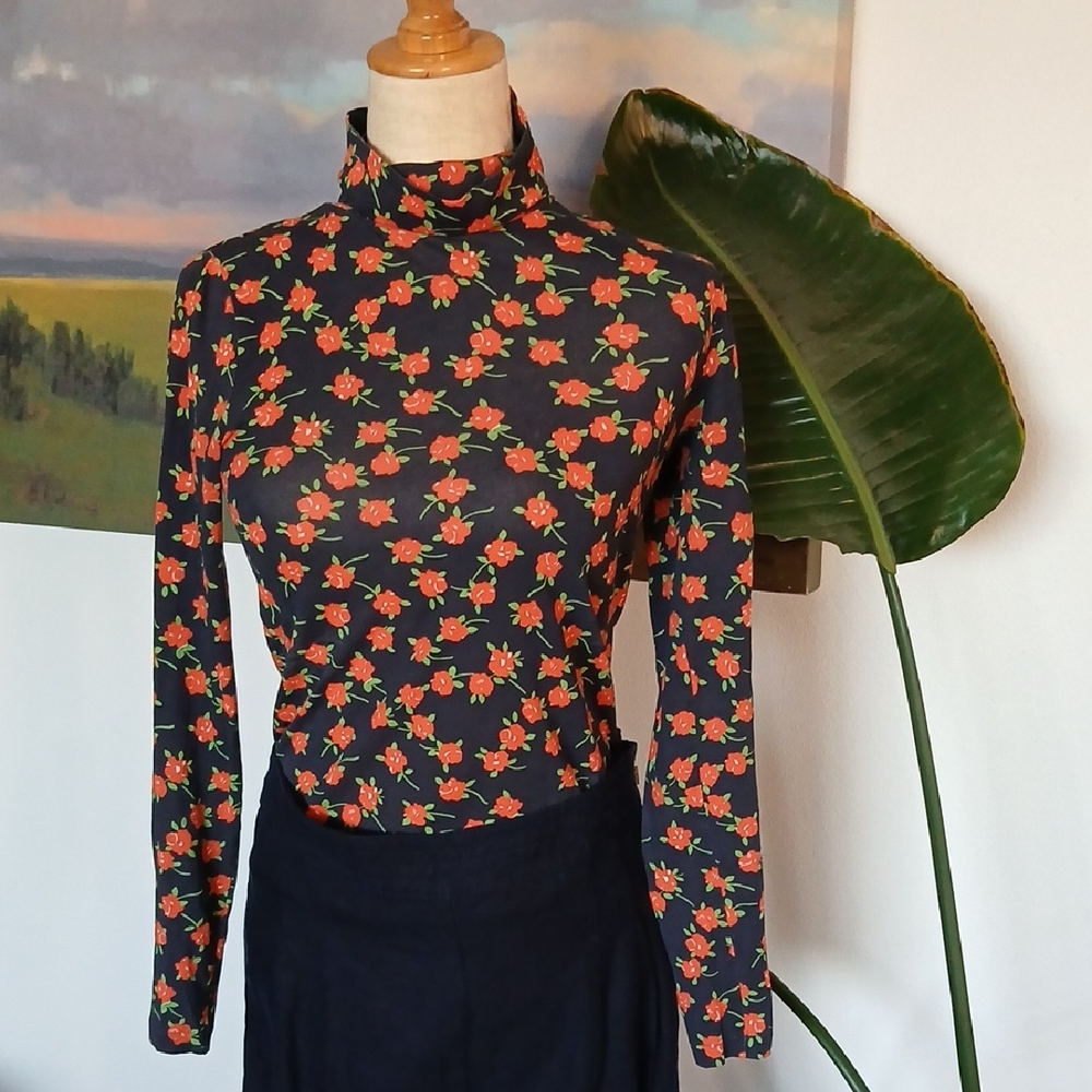 J. Crew Navy Blue Tissue Turtleneck with Rose Print